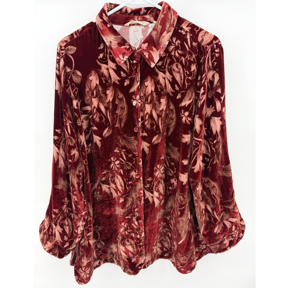 Soft Surroundings L Silk Velvet Button Up Tunic Top Burgundy Tan Floral Romantic